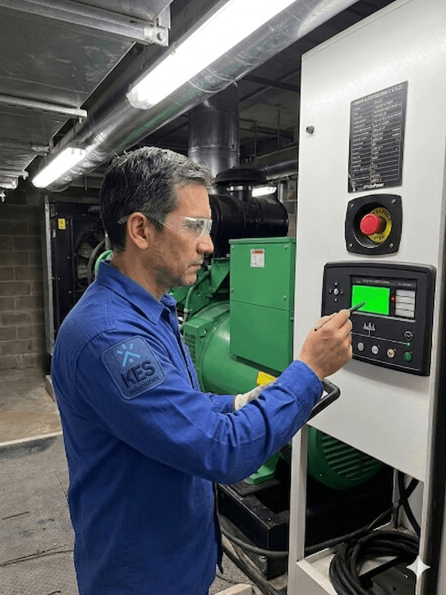Técnico revisando motor y panel eléctrico de planta eléctrica